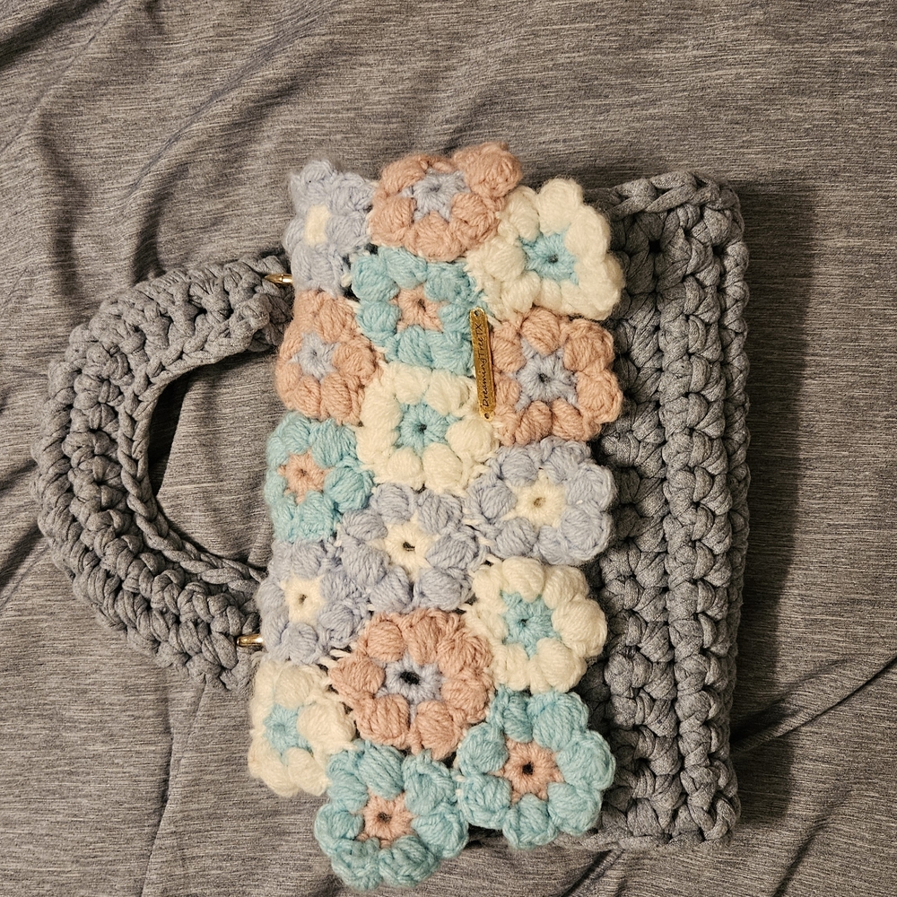 Custom Floral Crochet Bag - Gray, Cream, Blue